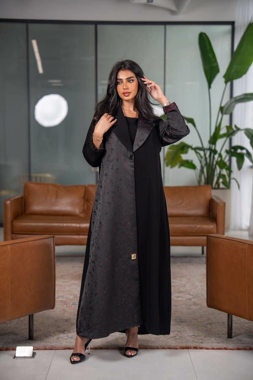 Black cuban crepe with black crepe jacquard blazer abaya