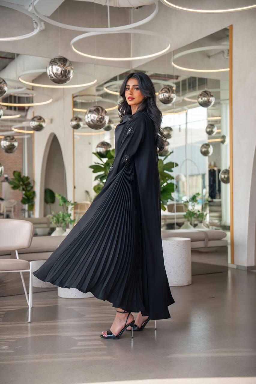 Black crepe abaya with hand embroidery on the sleeves
