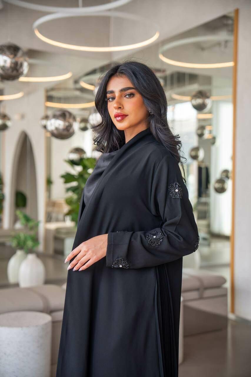 Black crepe abaya with hand embroidery on the sleeves