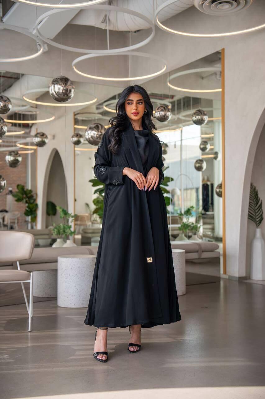 Black crepe abaya with hand embroidery on the sleeves