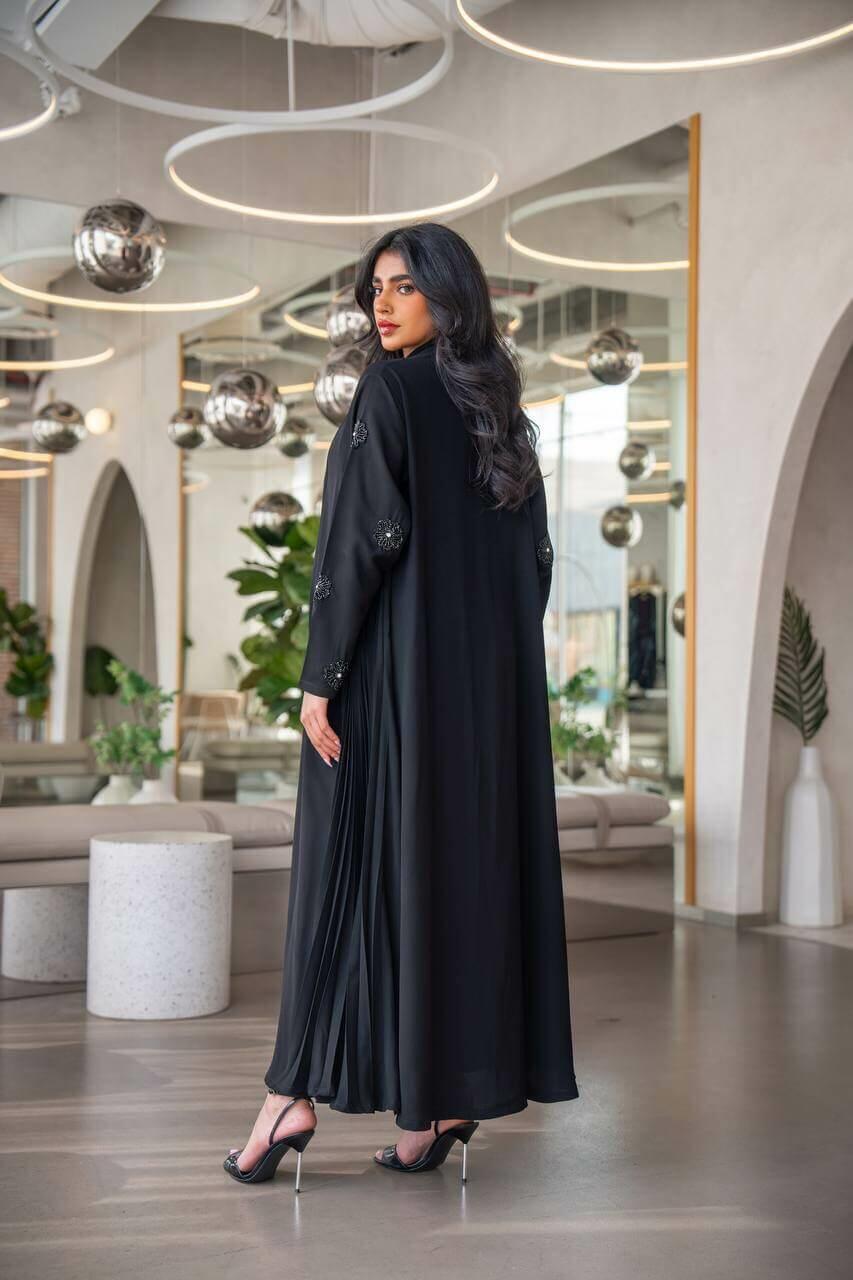Black crepe abaya with hand embroidery on the sleeves