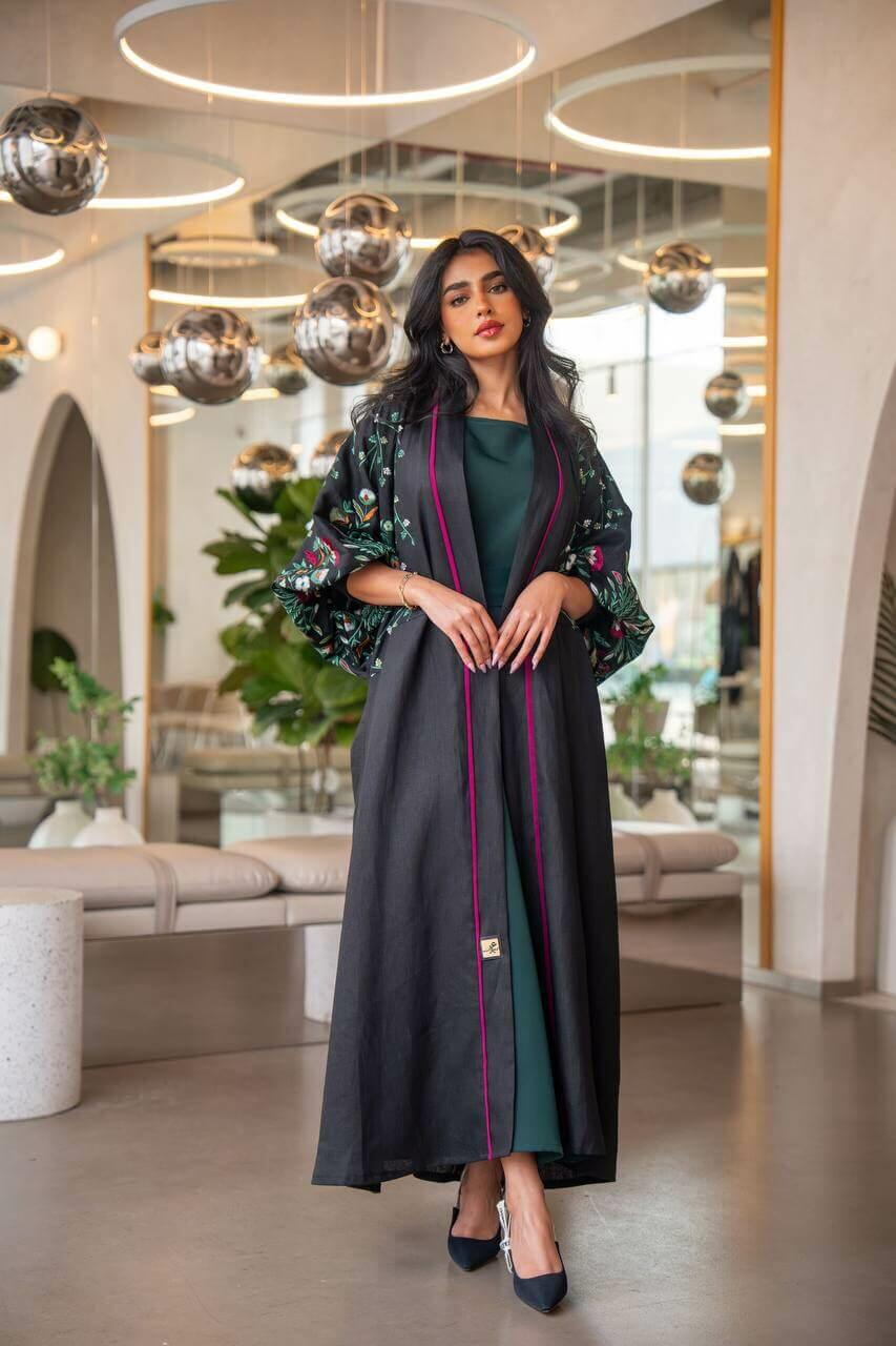 Black linen abaya with colored embroidery -free size