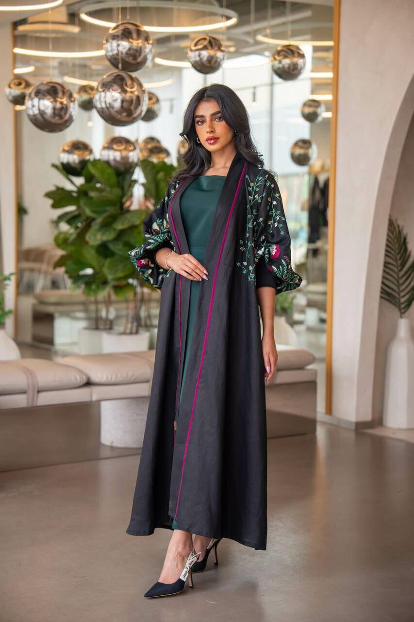 Black linen abaya with colored embroidery -free size