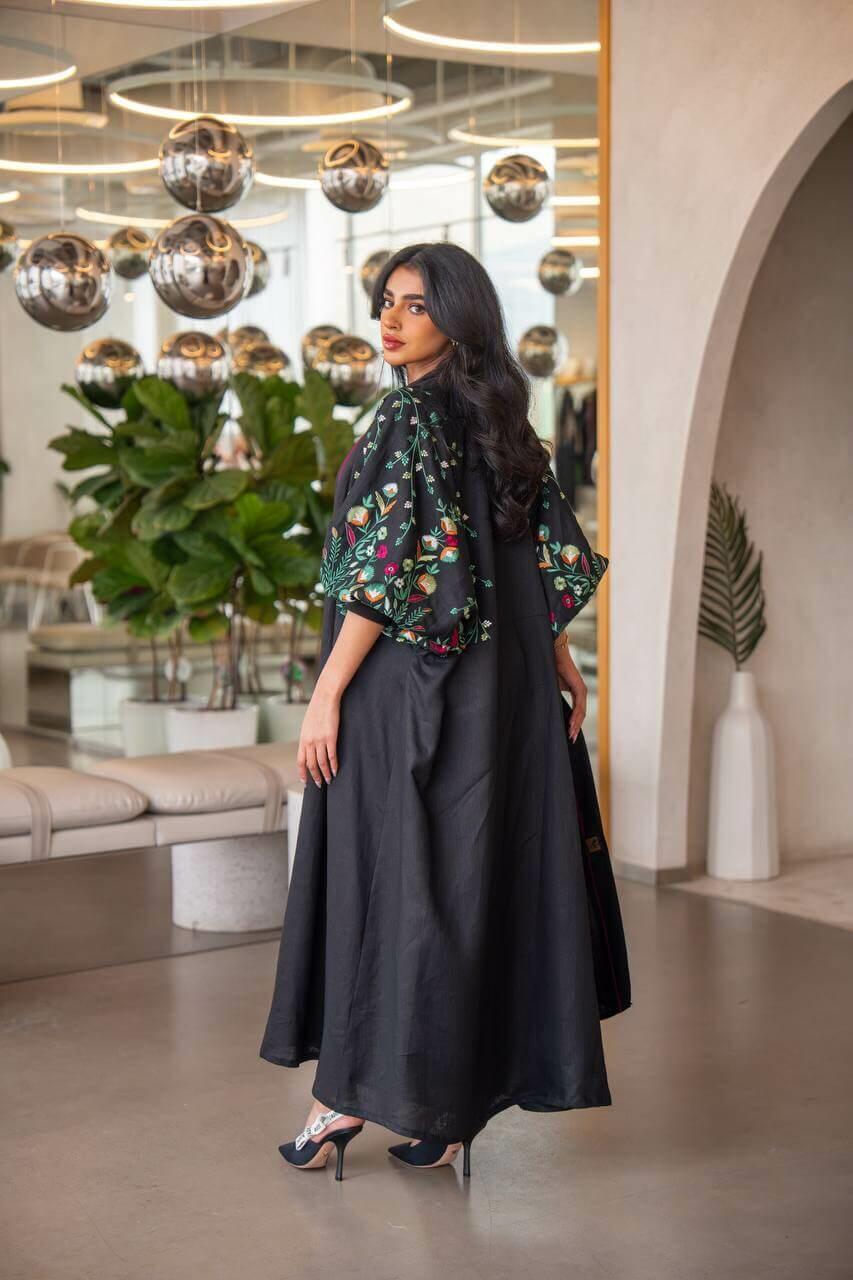 Black linen abaya with colored embroidery -free size