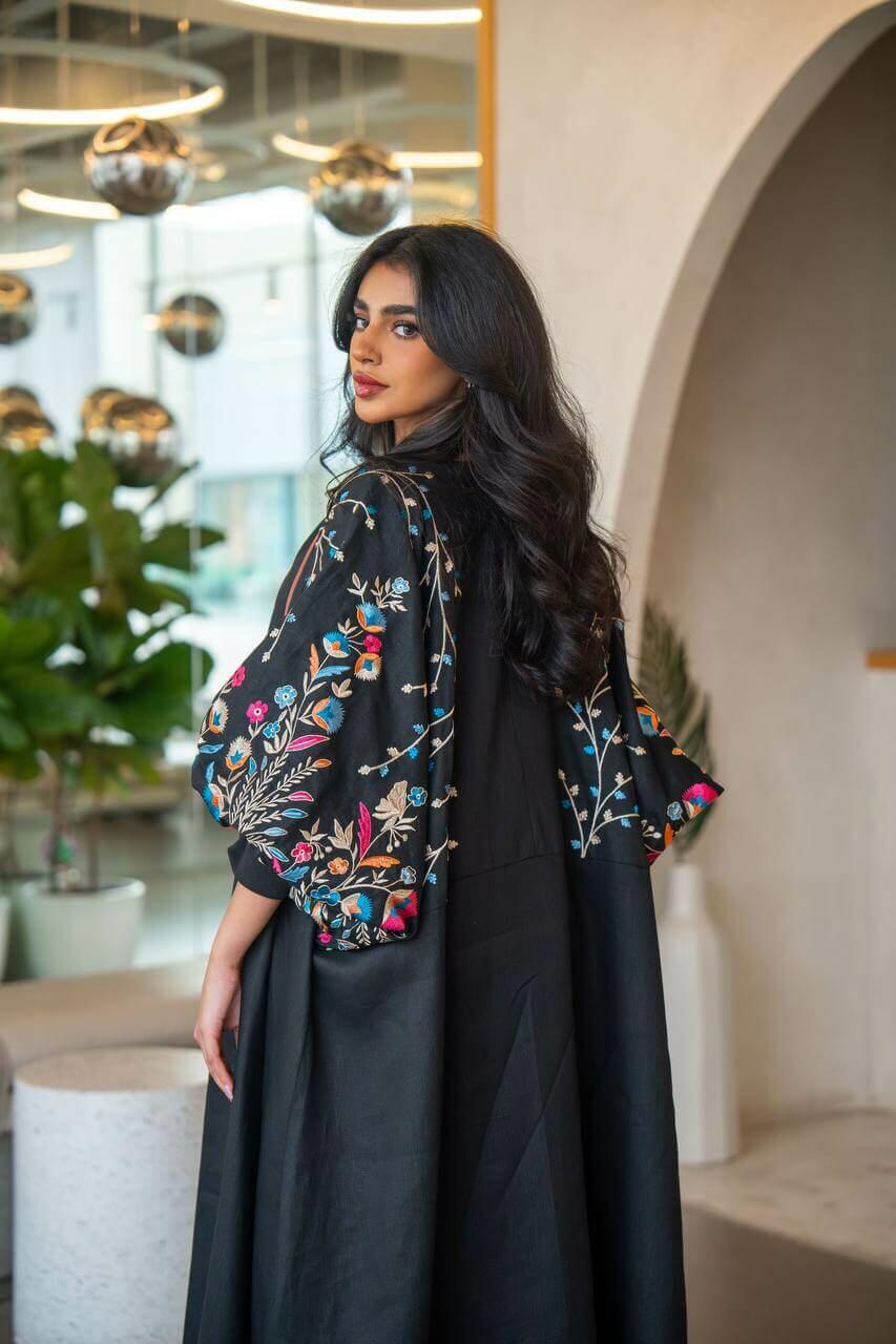 Black linen abaya with embroidery -free size
