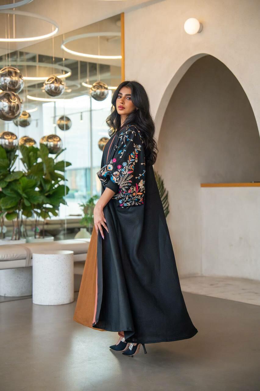 Black linen abaya with embroidery -free size