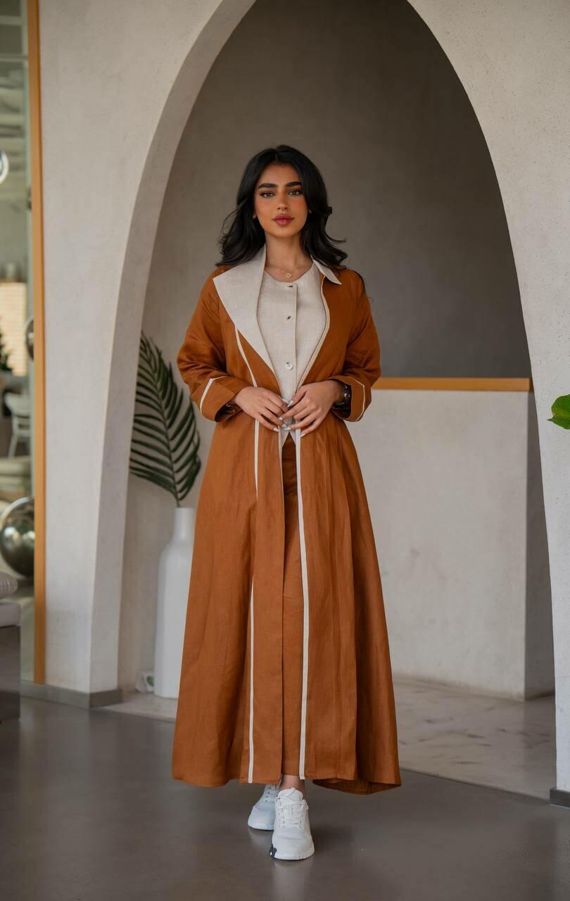 Camel with beige linen blazer abaya with inner set