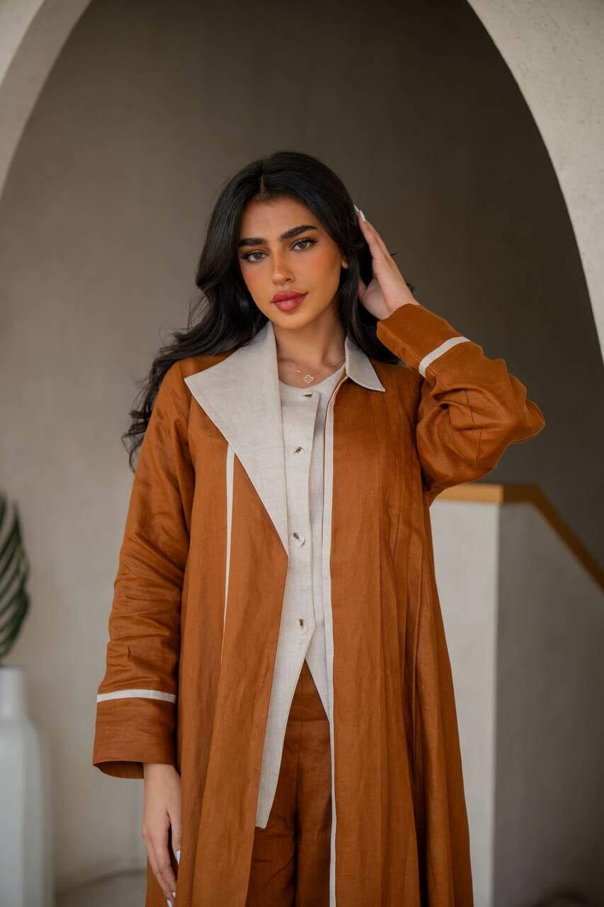 Camel with beige linen blazer abaya with inner set