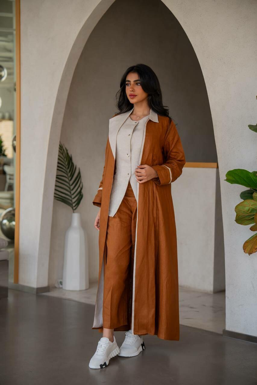 Camel with beige linen blazer abaya with inner set