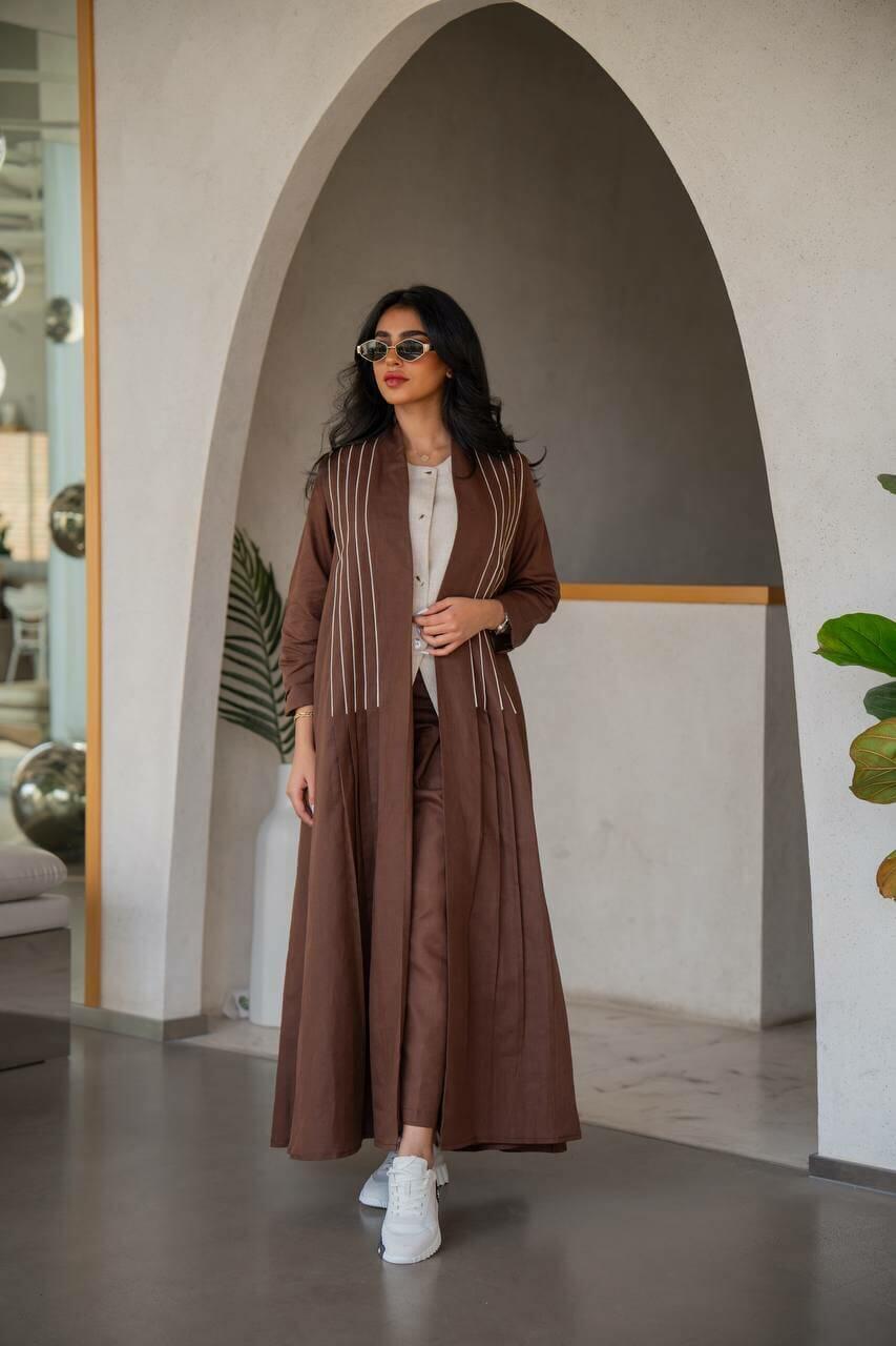 Brown with beige linen abaya with inner set