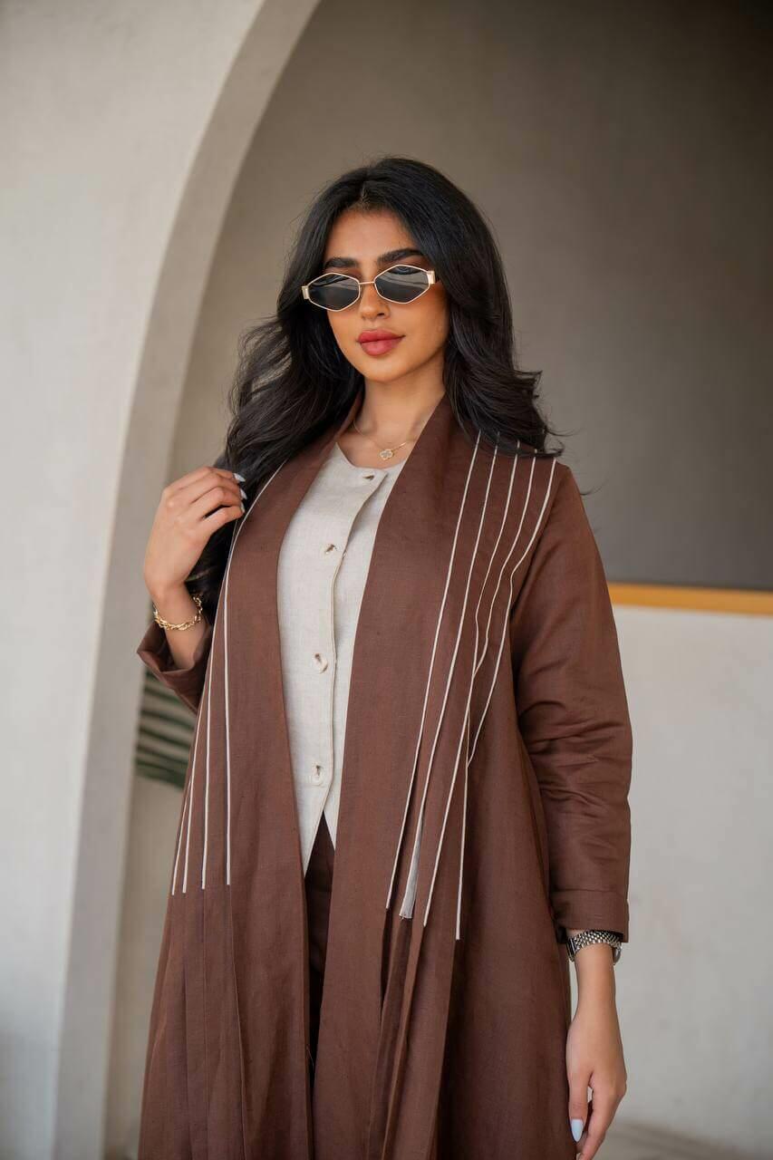 Brown with beige linen abaya with inner set