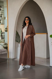 Brown with beige linen abaya with inner set