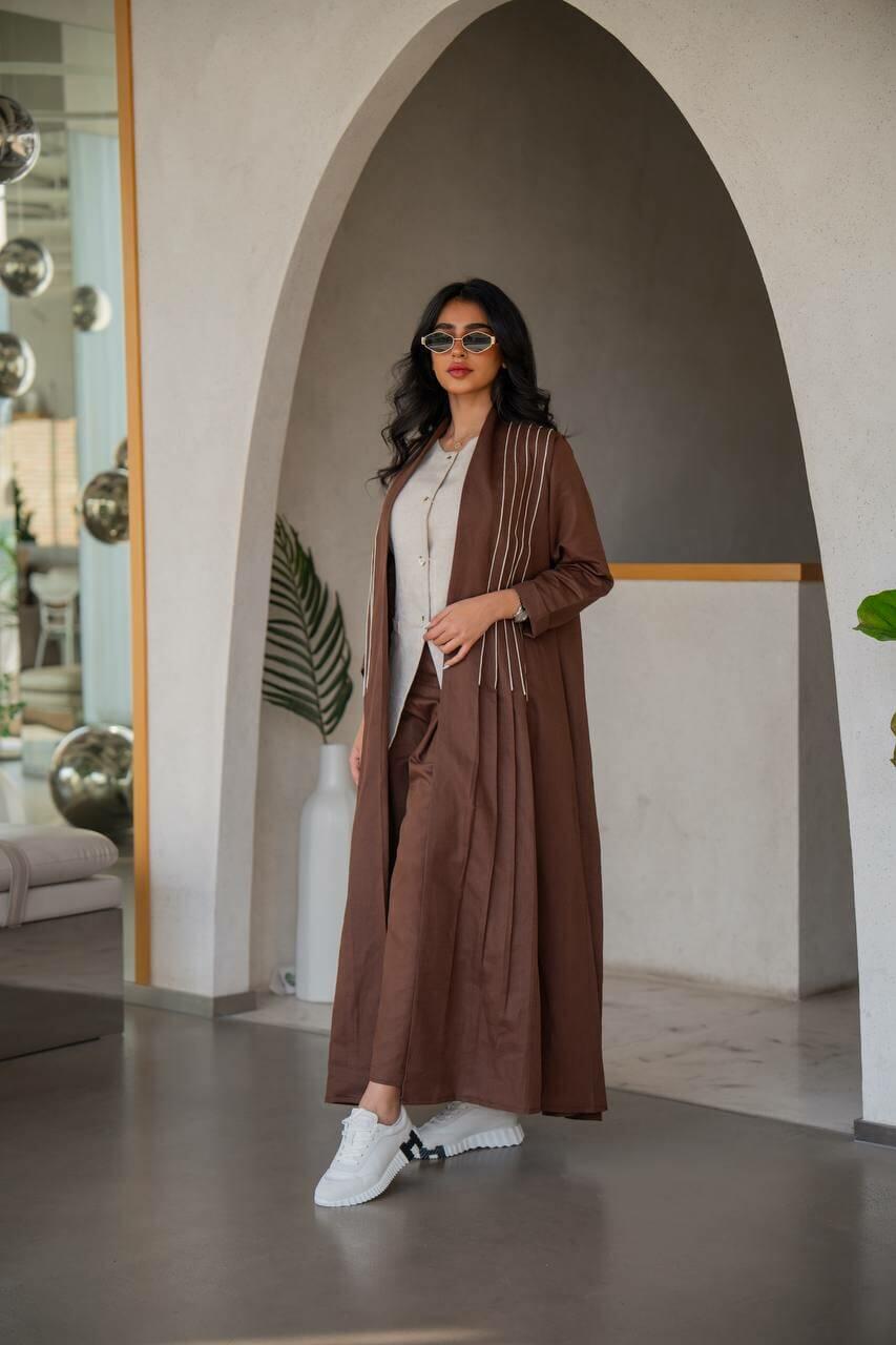 Brown with beige linen abaya with inner set