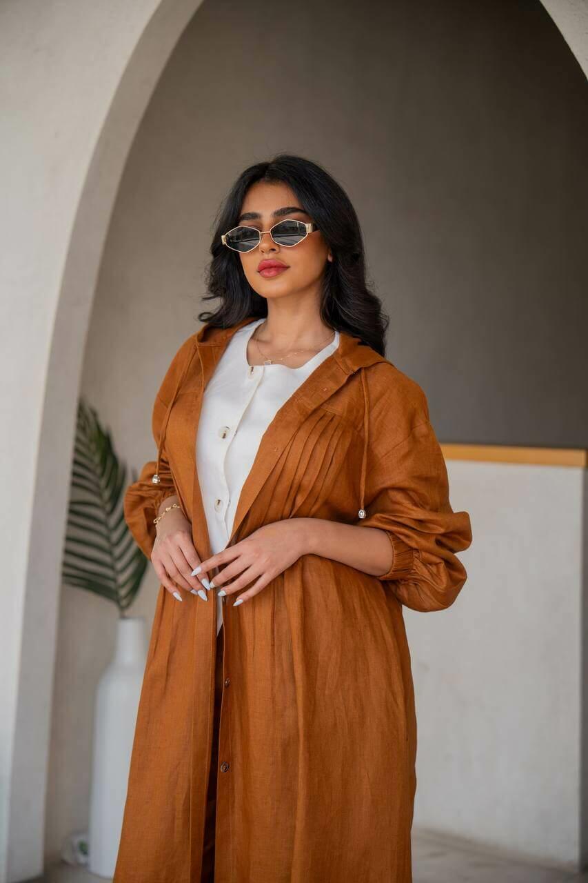 Camel linen abaya with inner set
