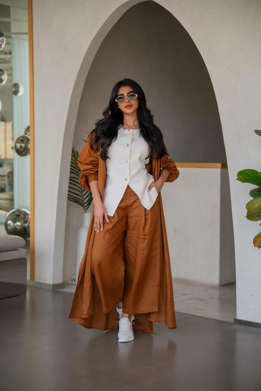 Camel linen abaya with inner set