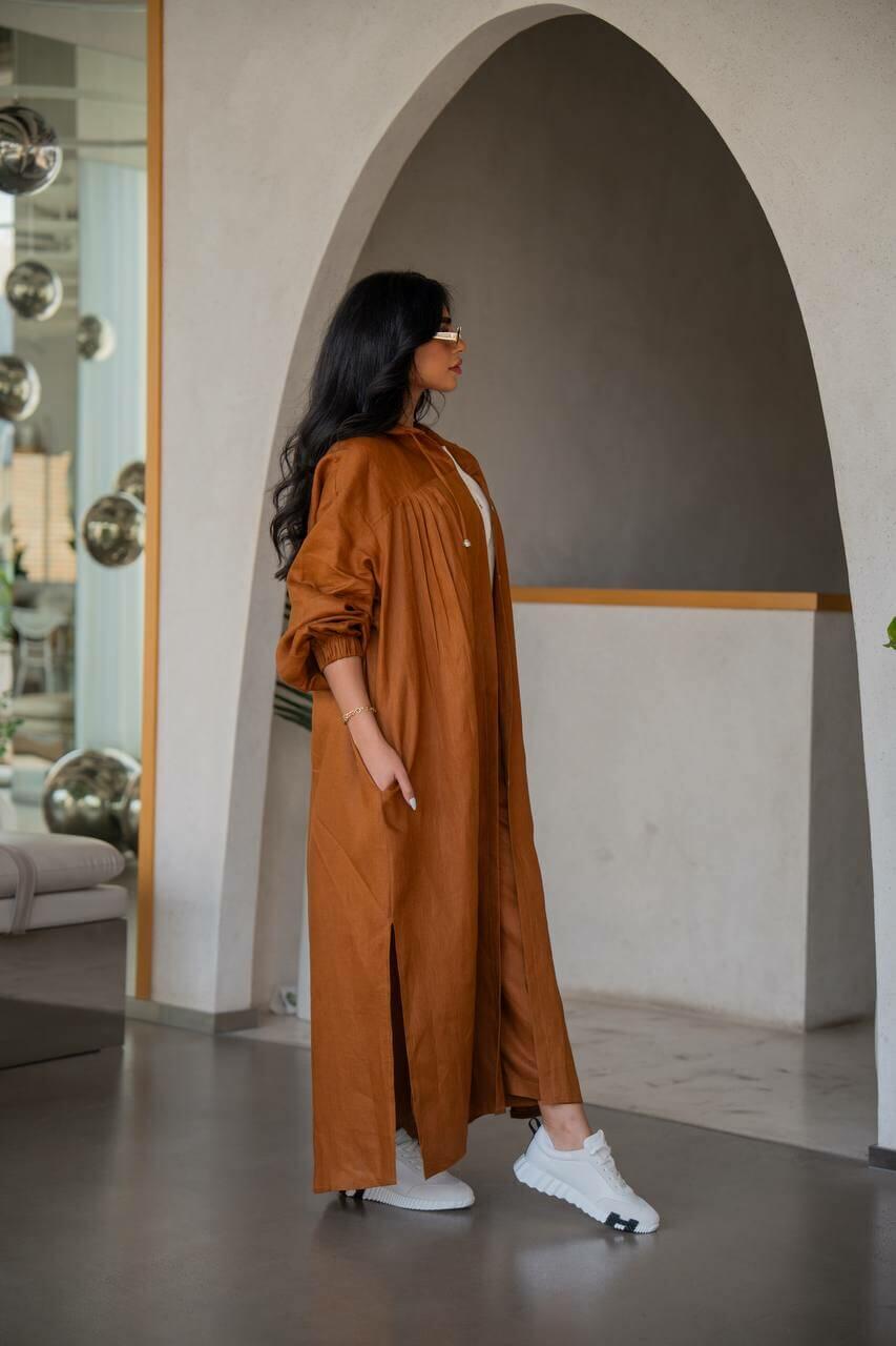 Camel linen abaya with inner set