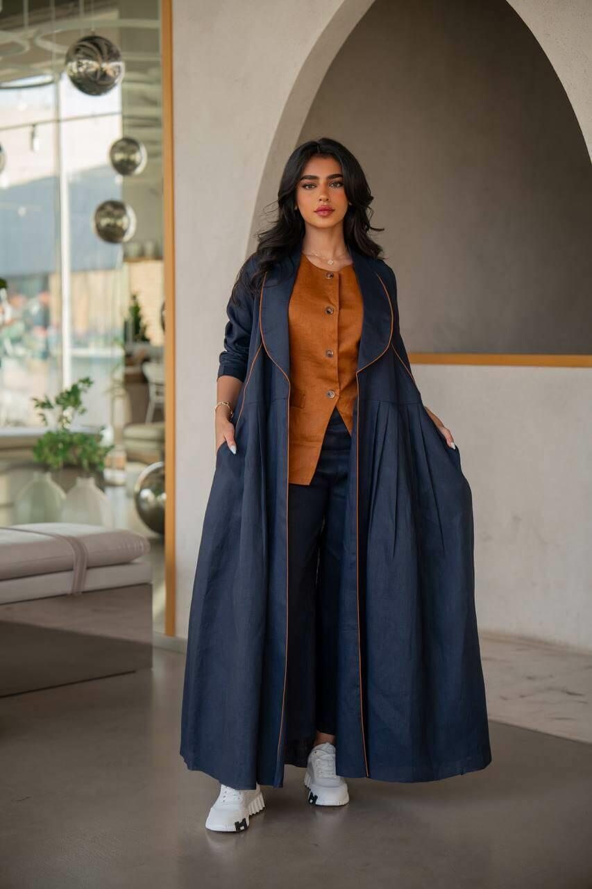 Navy blue linen abaya with inner set