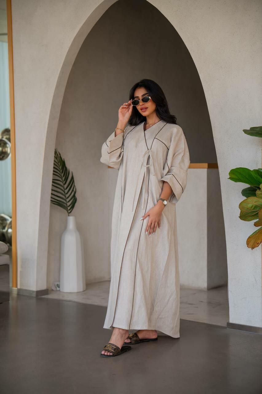 Beige linen with crepe jacuard abaya with inner set