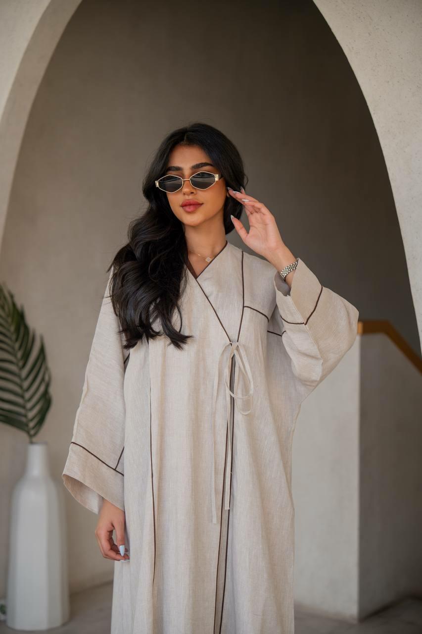 Beige linen with crepe jacuard abaya with inner set