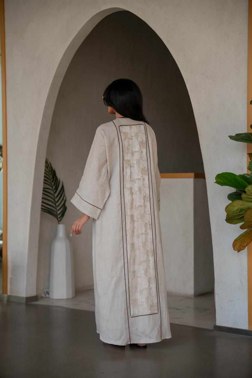Beige linen with crepe jacuard abaya with inner set