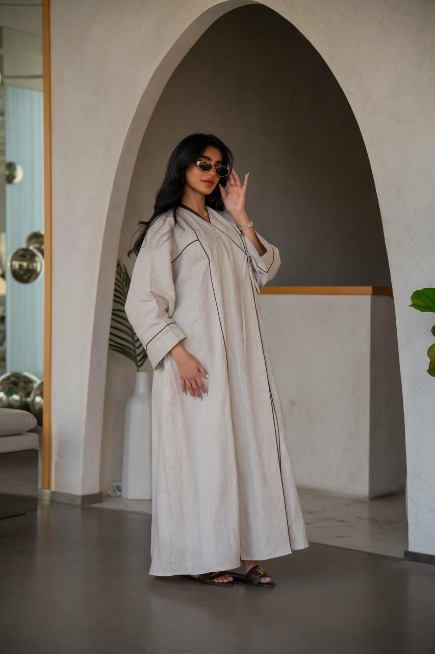 Beige linen with crepe jacuard abaya with inner set