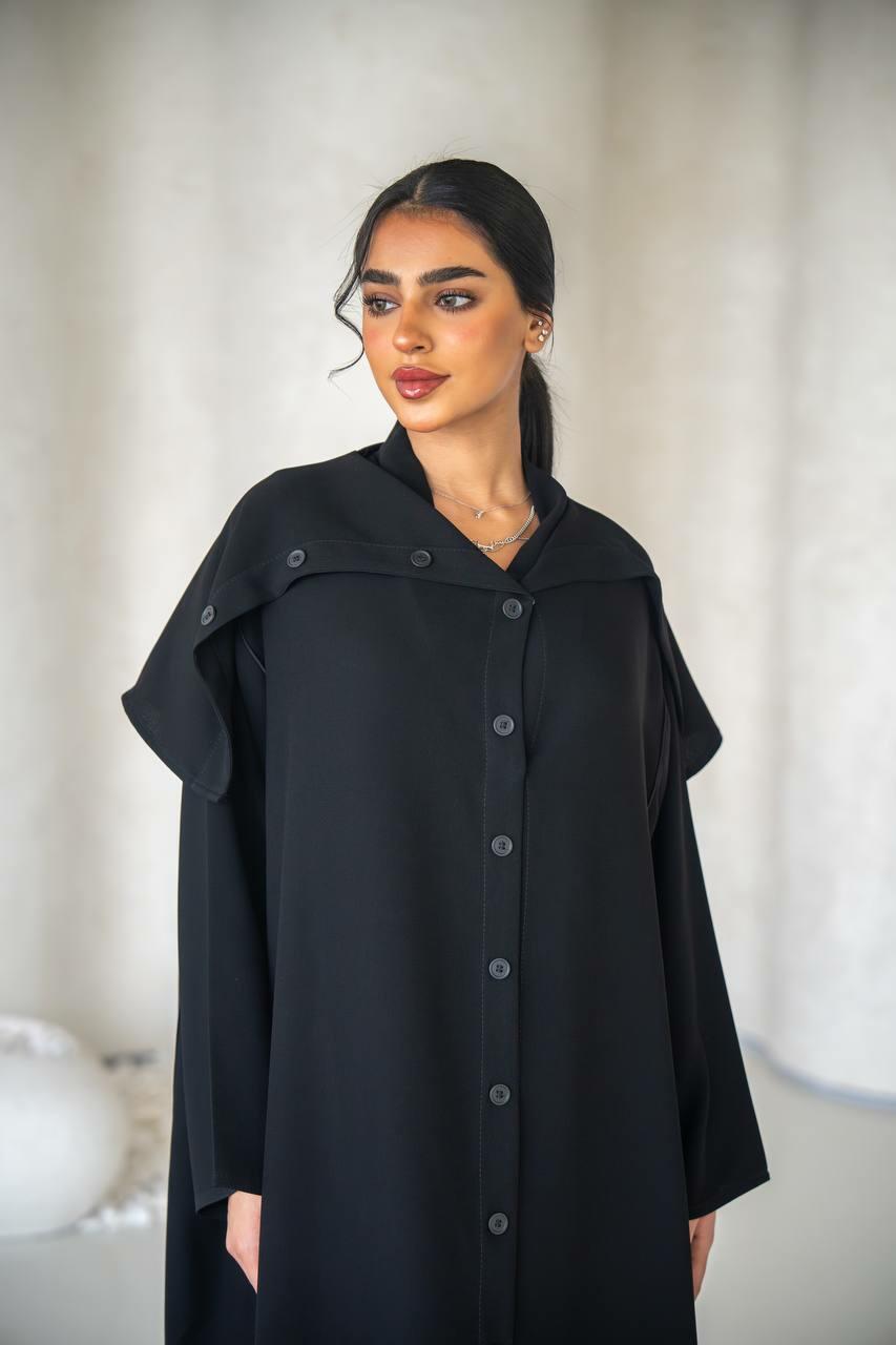 Black crepe practical abaya with with buttons in the front-free size