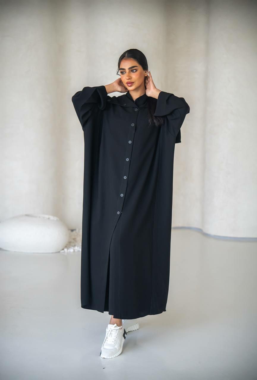 Black crepe practical abaya with with buttons in the front-free size