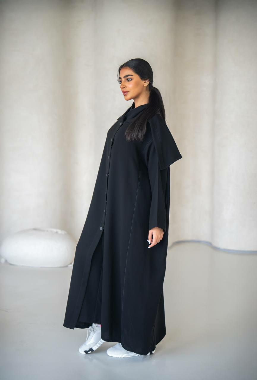 Black crepe practical abaya with with buttons in the front-free size