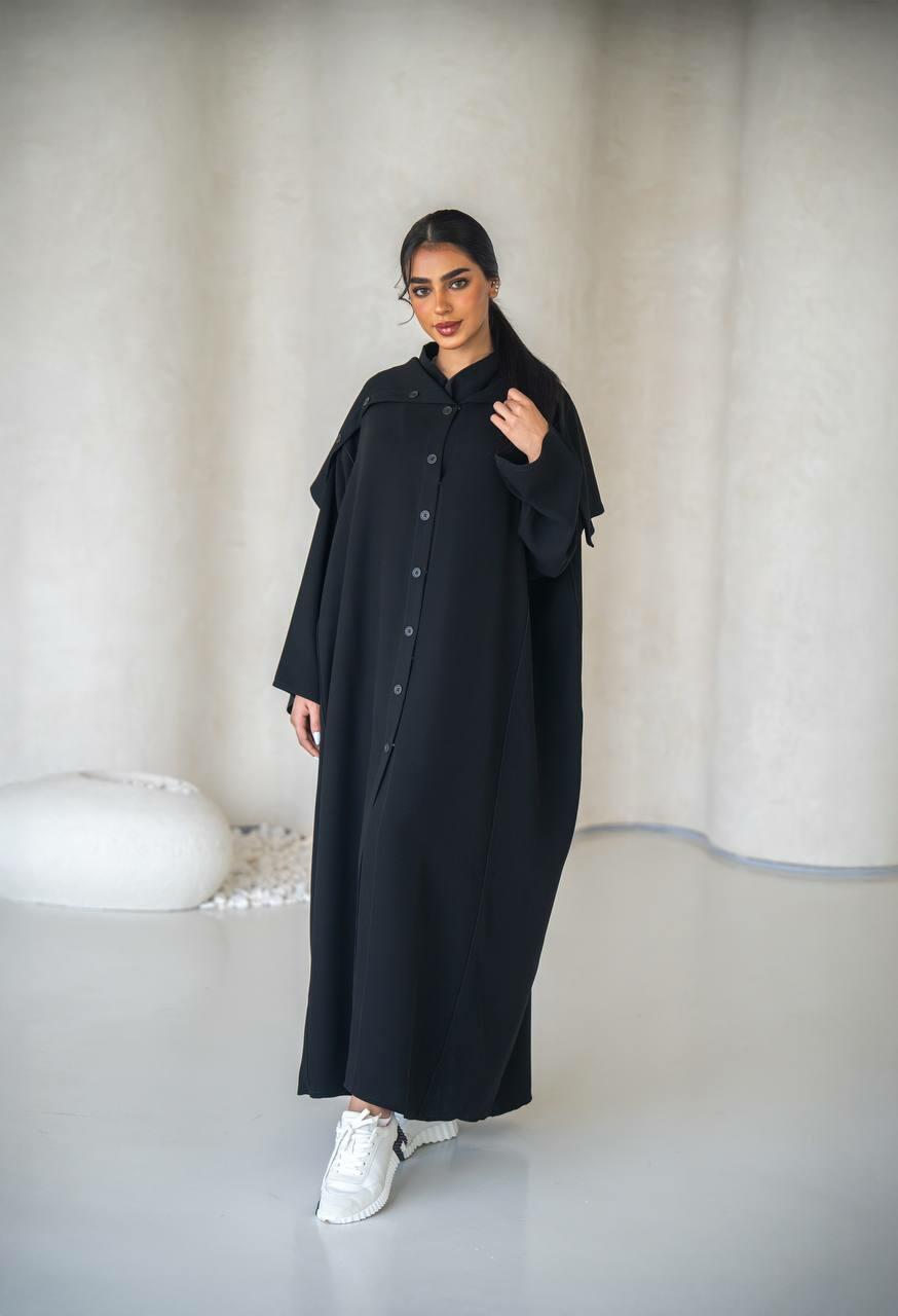 Black crepe practical abaya with with buttons in the front-free size