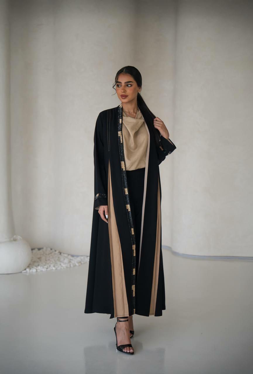 Black linen abaya with hand embroidery with inner set