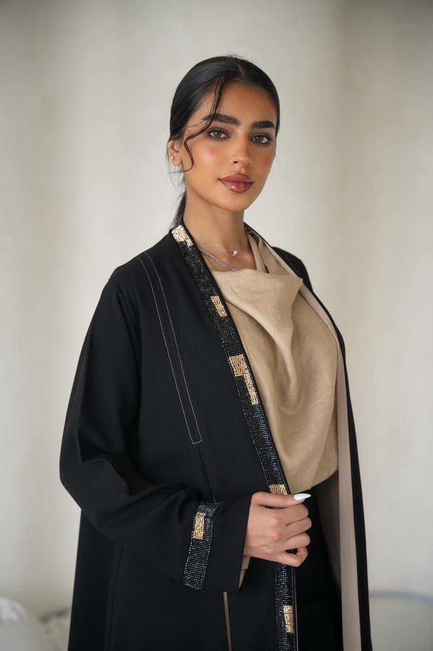 Black linen abaya with hand embroidery with inner set