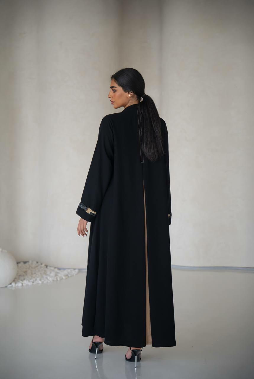 Black linen abaya with hand embroidery with inner set