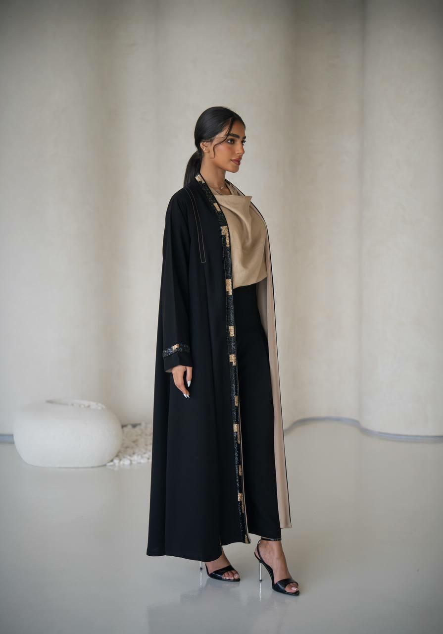 Black linen abaya with hand embroidery with inner set