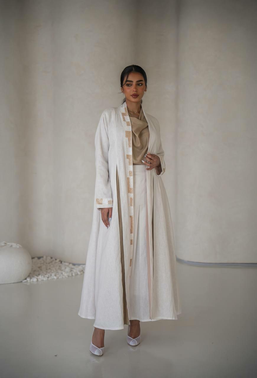 White linen abaya with hand embroidery with inner set