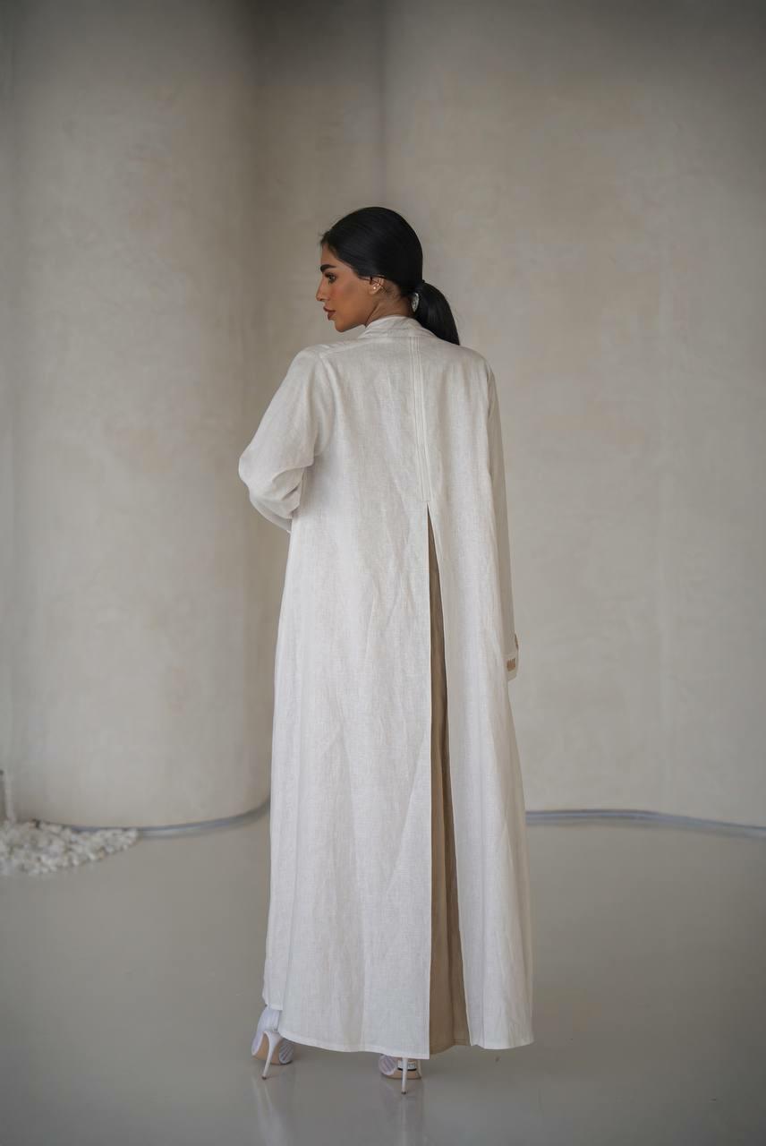 White linen abaya with hand embroidery with inner set