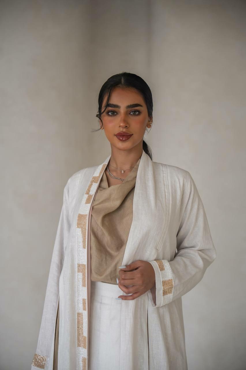 White linen abaya with hand embroidery with inner set