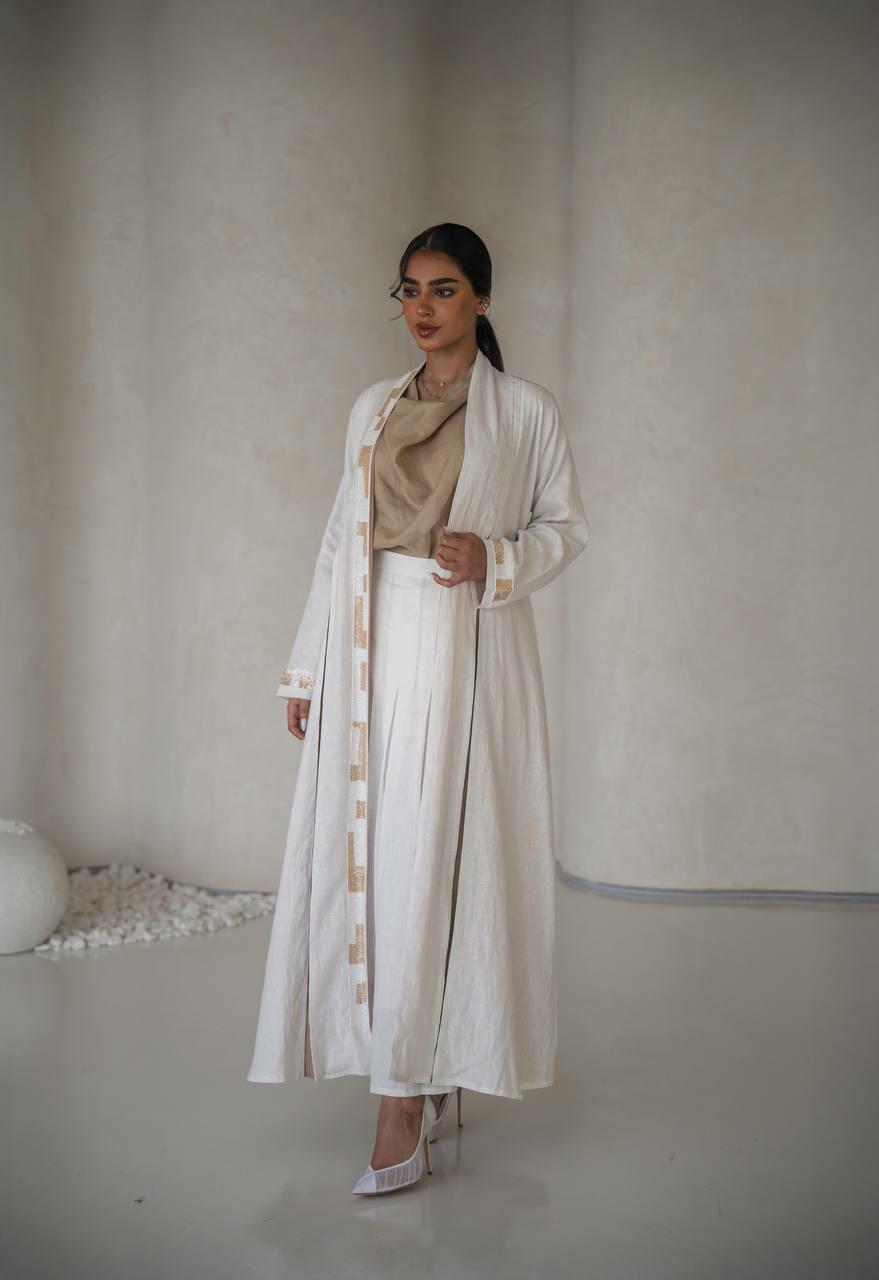 White linen abaya with hand embroidery with inner set