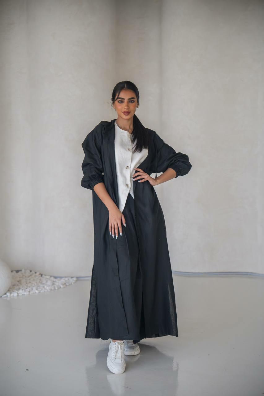 Black linen practical abaya with inner set
