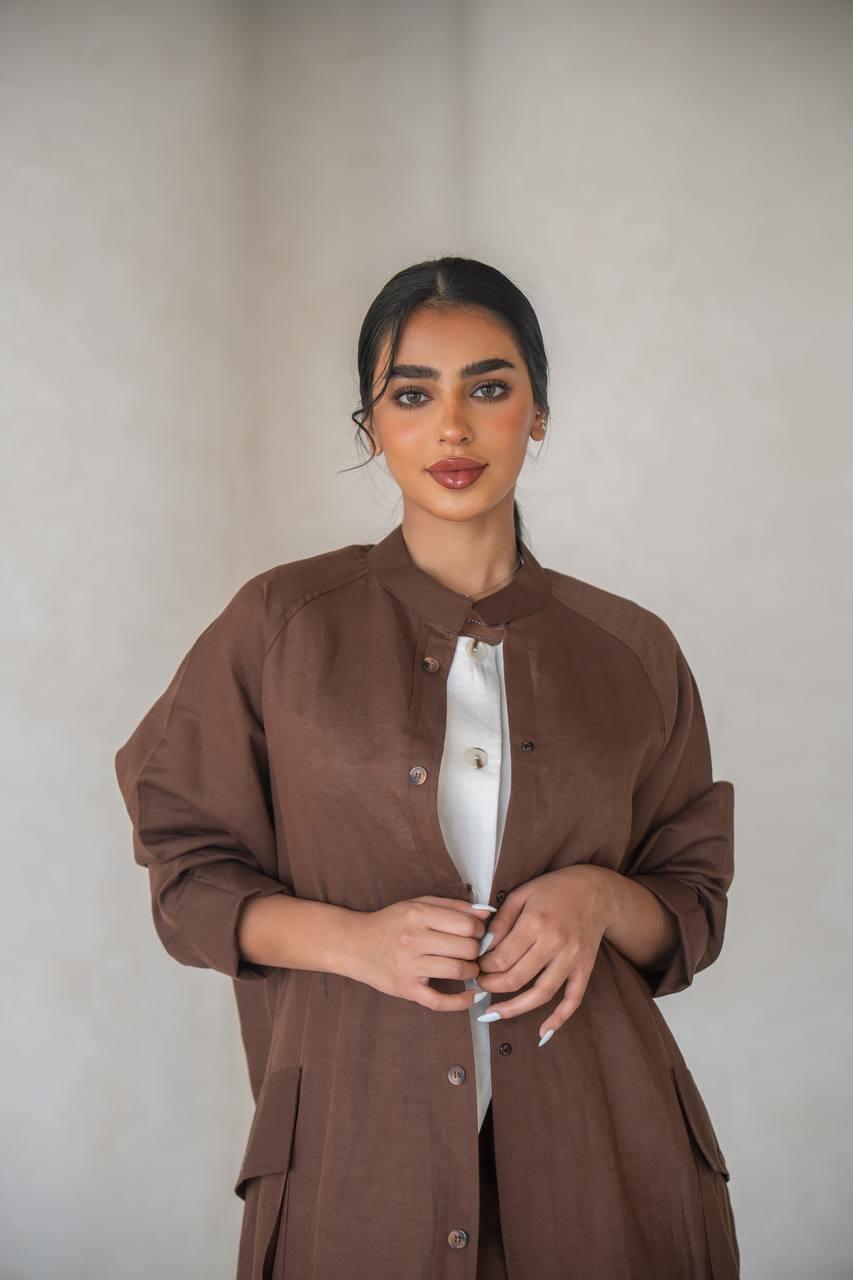 Brown linen abaya with inner set