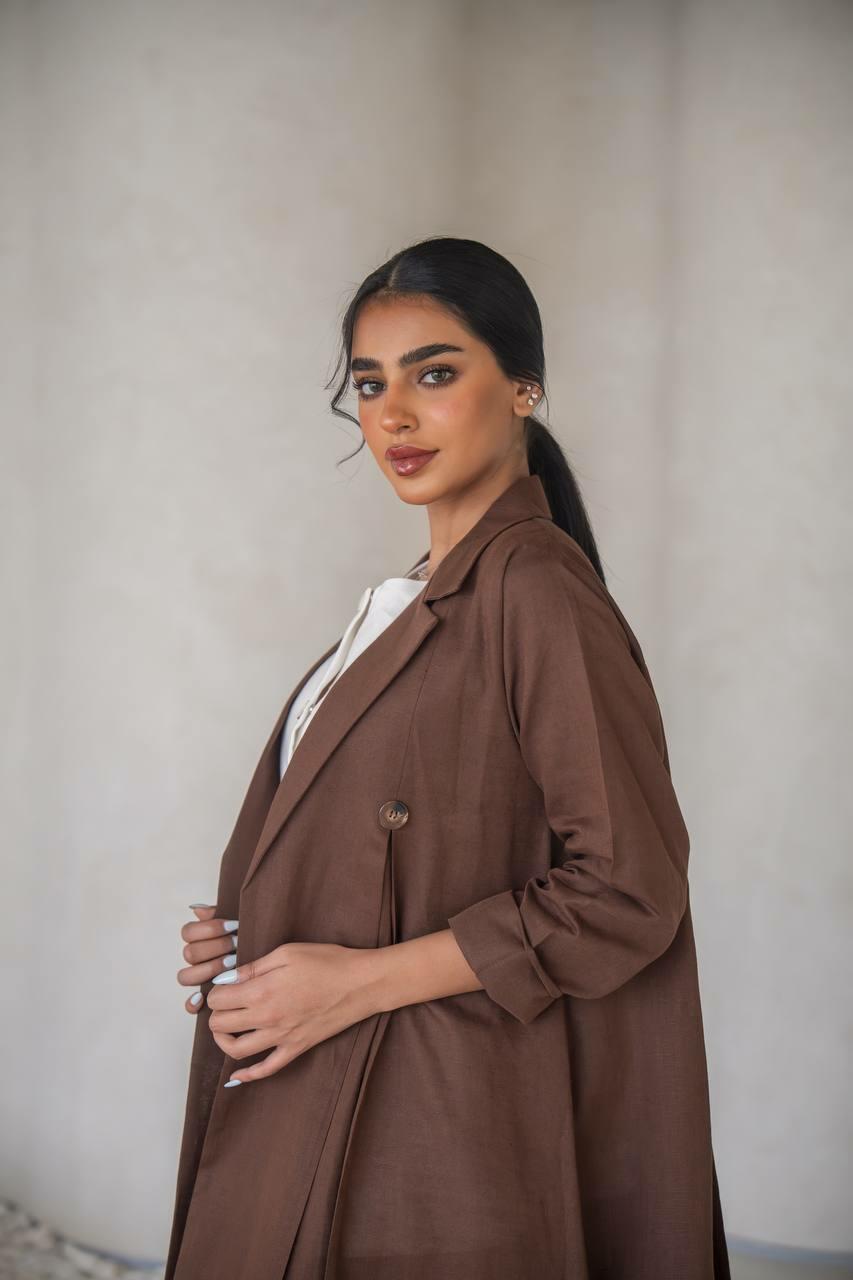 Brown linen blazer abaya with inner set