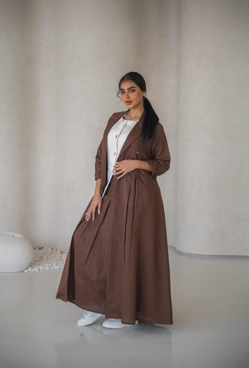 Brown linen blazer abaya with inner set