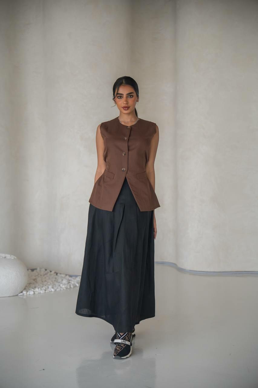 set consisting of a brown vest and a black skirt made of natural linen