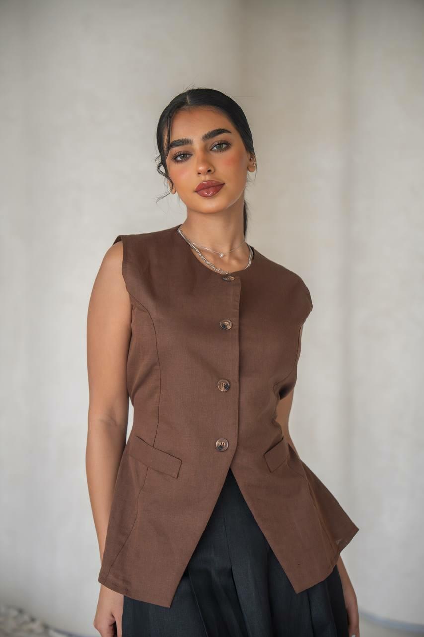set consisting of a brown vest and a black skirt made of natural linen