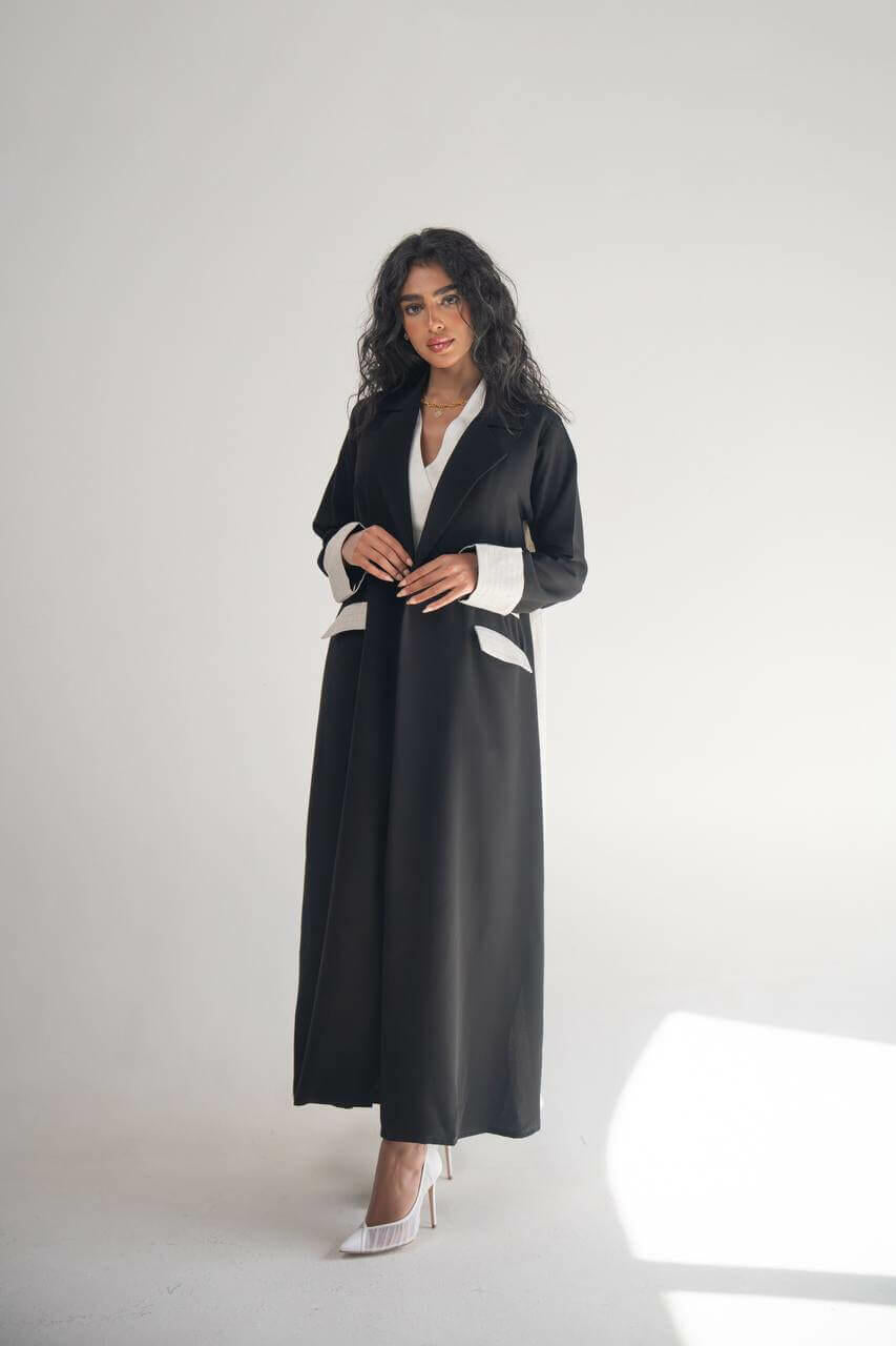 Black crepe blazer abaya with linen beige striped on the sleeve and back
