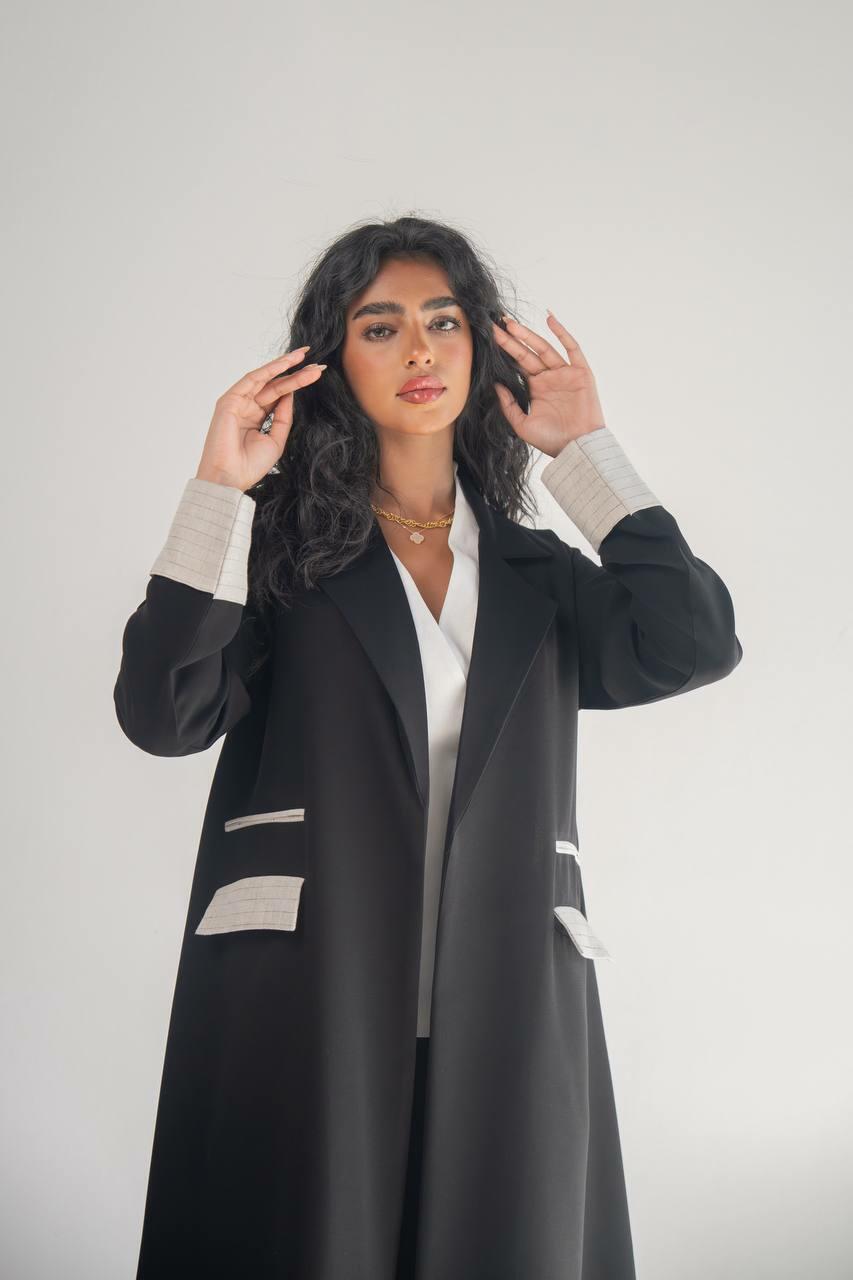 Black crepe blazer abaya with linen beige striped on the sleeve and back
