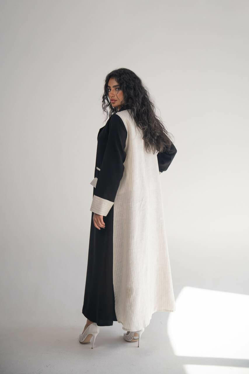 Black crepe blazer abaya with linen beige striped on the sleeve and back
