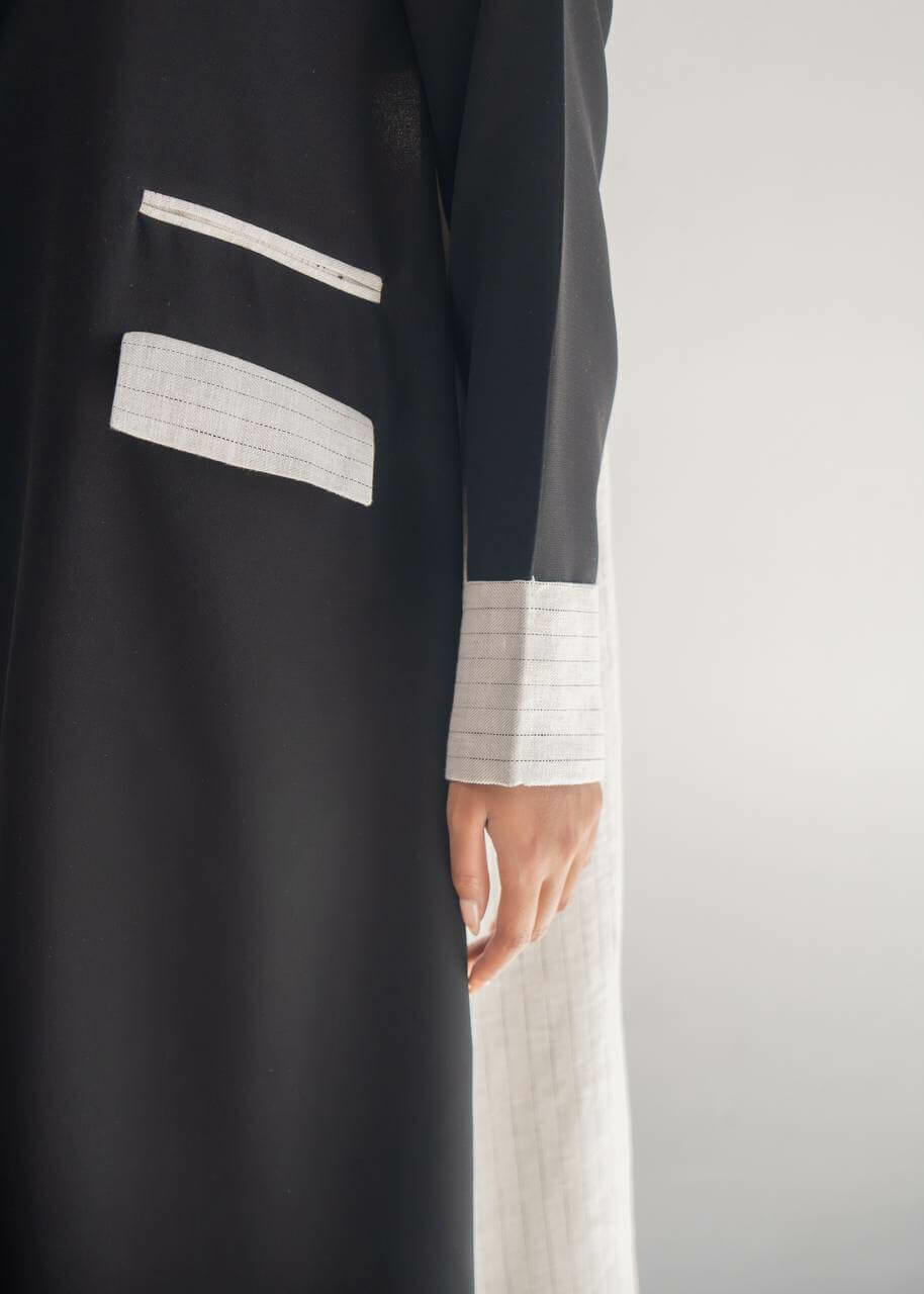 Black crepe blazer abaya with linen beige striped on the sleeve and back