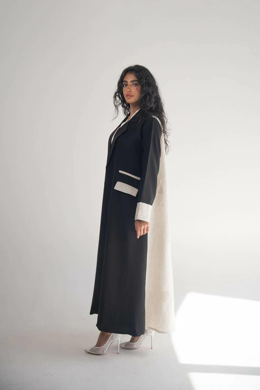 Black crepe blazer abaya with linen beige striped on the sleeve and back