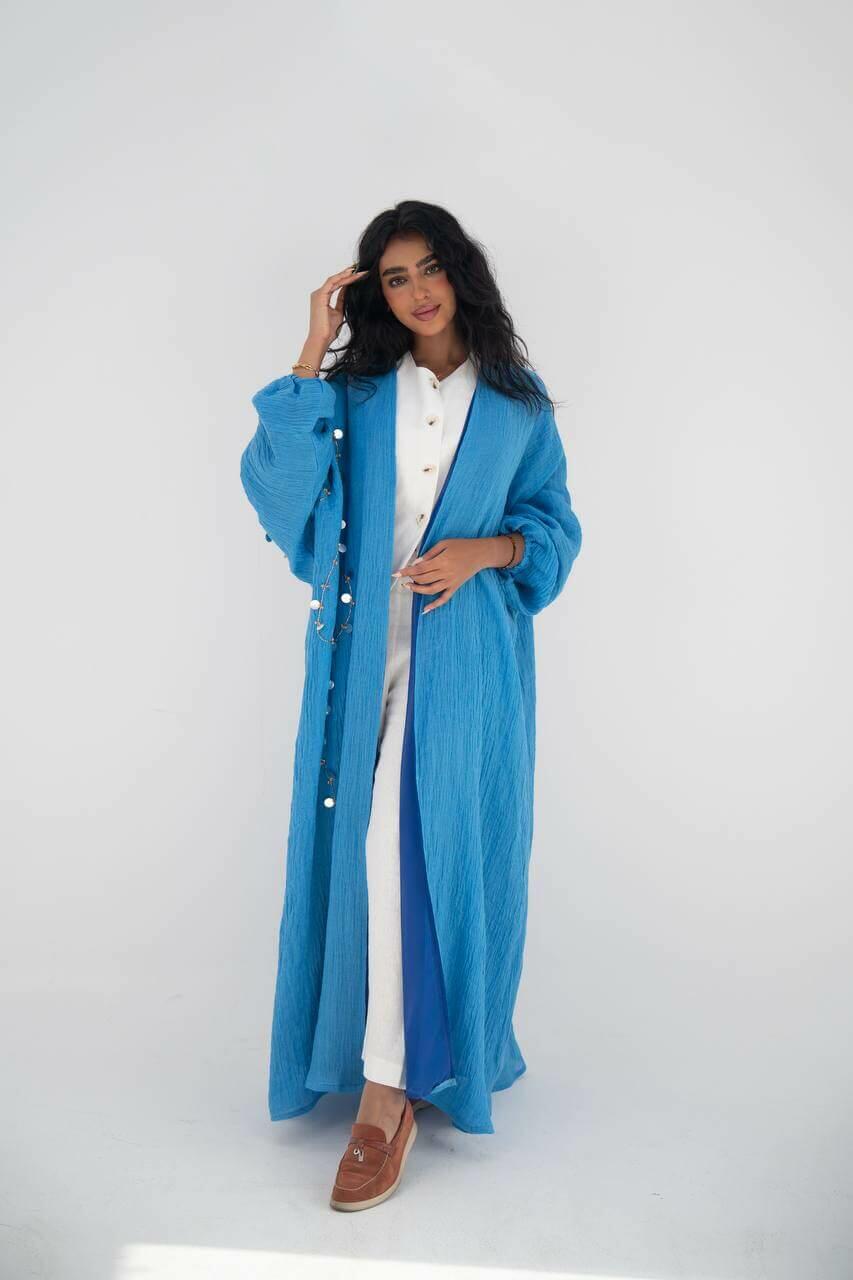 Blue crushed linen abaya with hand embroidery-free size
