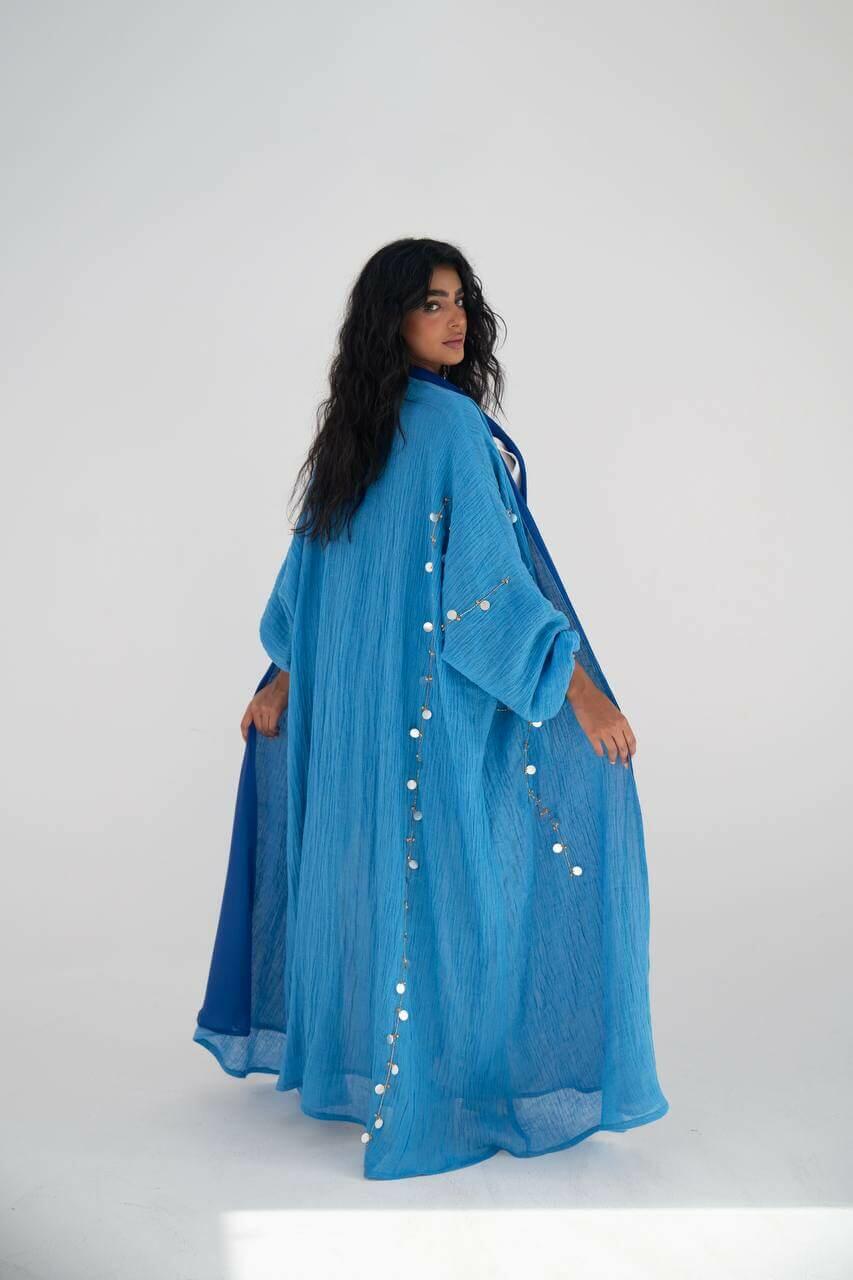 Blue crushed linen abaya with hand embroidery-free size
